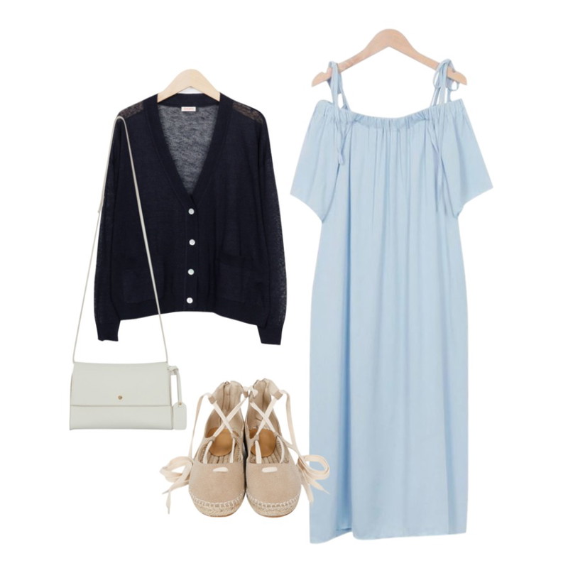 From Beginning Summer sweat string sandal_Y (size : 230,235,240,245,250),From Beginning Summer basic cardigan_M (size : free),111등을 매치한 코디
