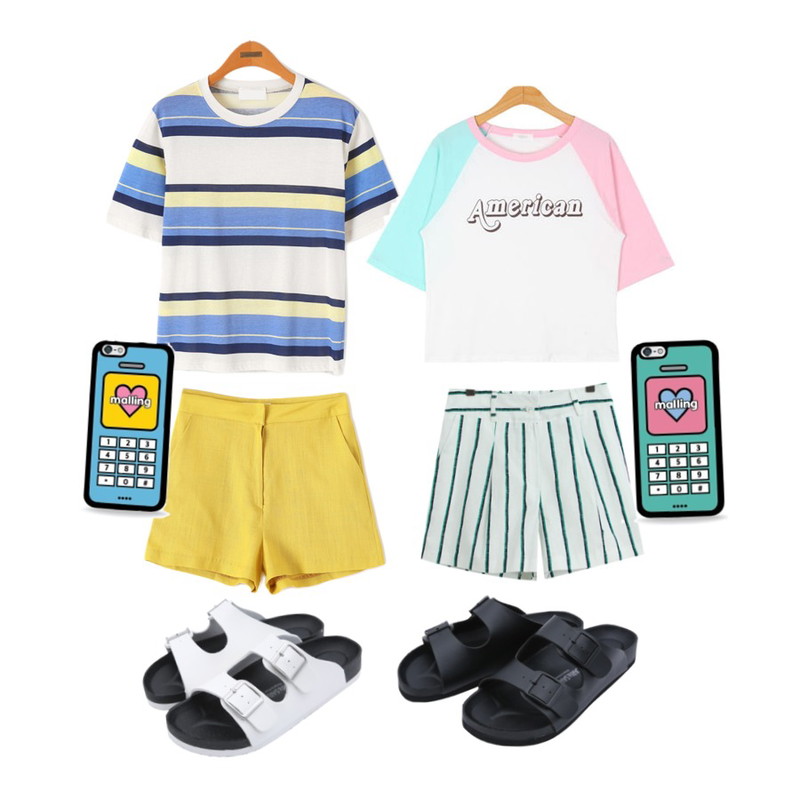 TODAY ME [short pants]사이판 숏츠,Reine 브릿지 스트라이프 반팔 티셔츠,Reine 위크 린넨 숏 팬츠등을 매치한 코디