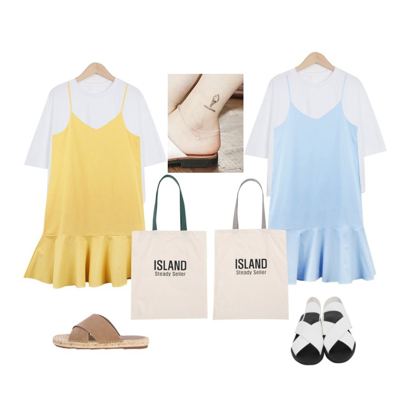 BANHALA 하겐다즈 원피스,myblin 두줄 별 발찌,From Beginning Candy crop cotton T_H (size : free)등을 매치한 코디