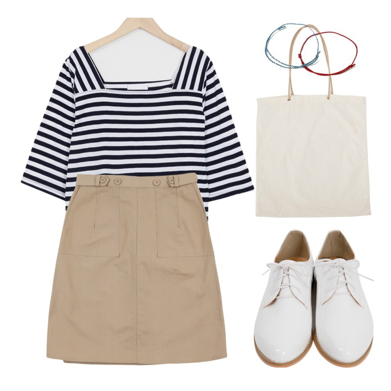 MINIBBONG 코랄-sk,From Beginning Wooden enamel loafer_K (size : 230,235,240,245,250),From Beginning Day stripe square-neck T_B (size : free)등을 매치한 코디