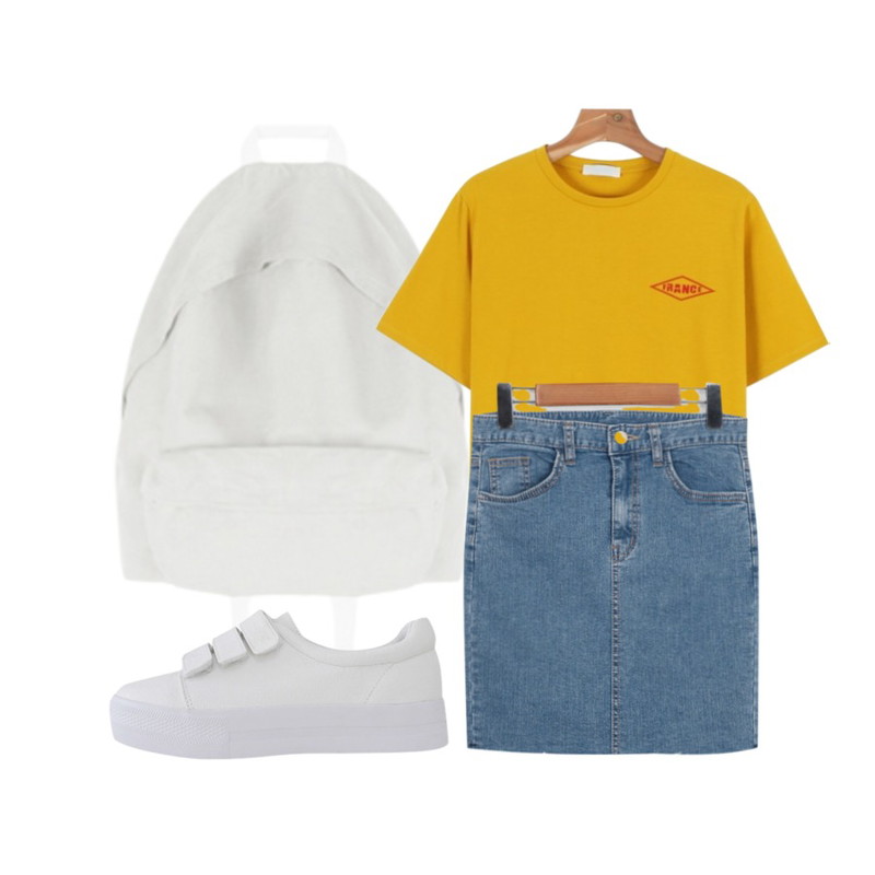 MIXXMIX 러스 심플 백팩,From Beginning Slim cutting denim skirt_M (size : S,M,L),daily monday France print tee등을 매치한 코디