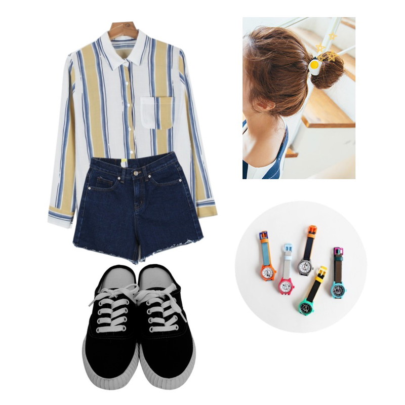 daily monday Multi color stripe shirts,myblin 밑단 헤짐 데님 숏팬츠,From Beginning Casual sneakers mule_B (size : 230,235,240,245,250)등을 매치한 코디