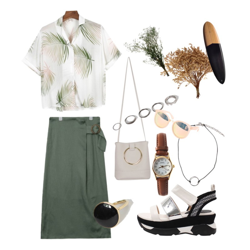 bunch,daily monday Tropical sheer shirt,AIN modern ring belt detail skirt (2 colors)등을 매치한 코디
