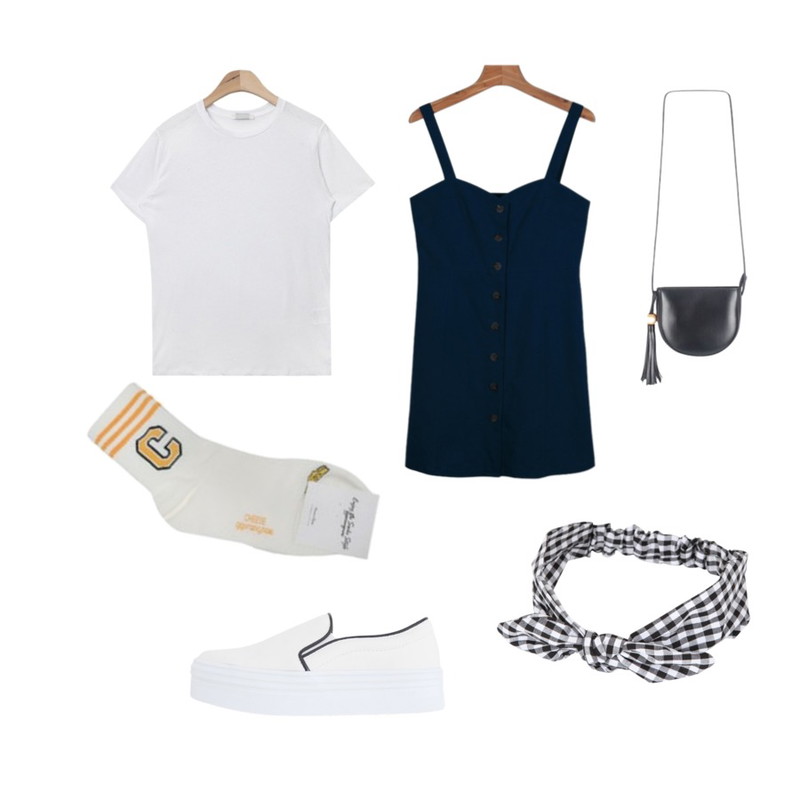 LOVELY SHOES 코티 통굽 슬립온 (4cm),daily monday Button bustier one-piece,AIN cosy color round neck T (4 colors)등을 매치한 코디