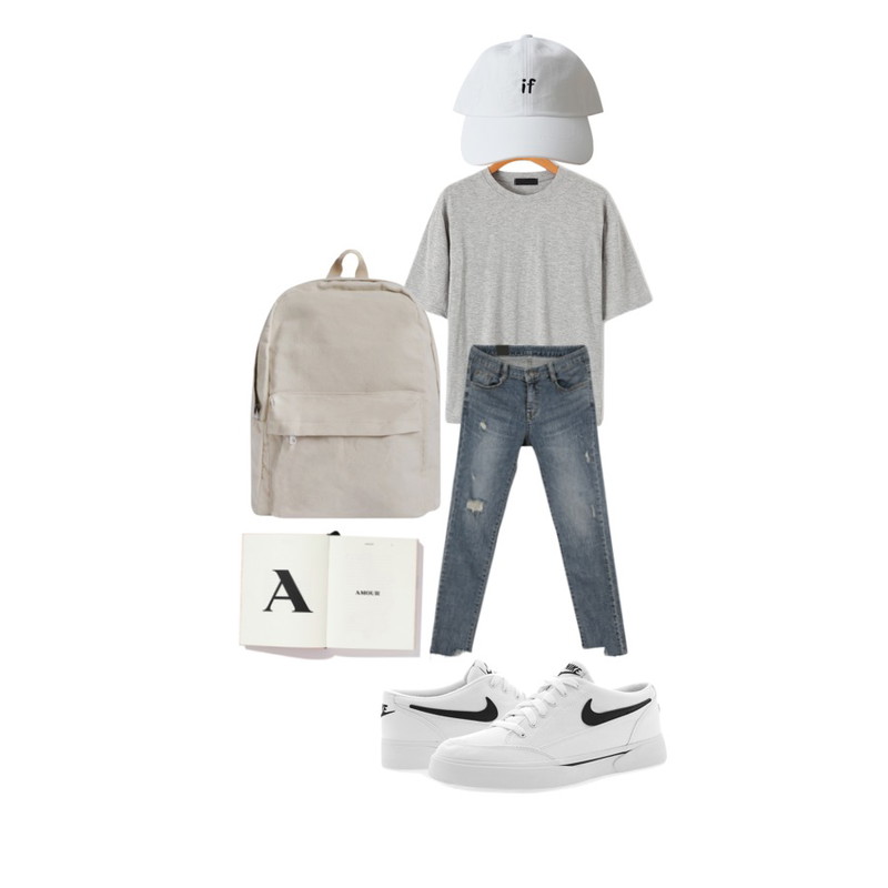 A BOOK,MINIBBONG 디스커스-pt,Reine 아이니드 베이직 티셔츠등을 매치한 코디