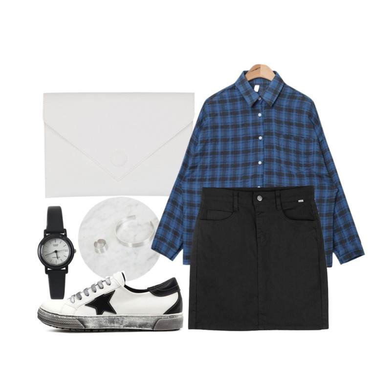 Zemma World Zem No.71 (ring&bracelet set),BULLANG GIRL 레터스클러치백,AIN tartan cheak cotton shirts (2 colors)등을 매치한 코디