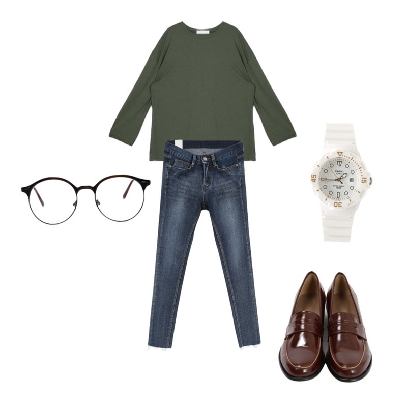 MINIBBONG 프링글스-pt (이정도면 인생스키니♥),DORA 반야시크T,From Beginning Core basic penny loafer_H (size : 225,230,235,240,245,250)등을 매치한 코디