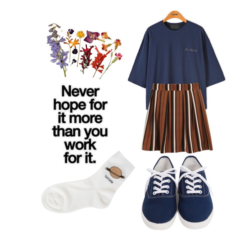 Reine 스틸 러브 박스 티,From Beginning Stitch cotton sneakers_H (size : 230,235,240,245,250),MINIBBONG 카프레제-sk등을 매치한 코디