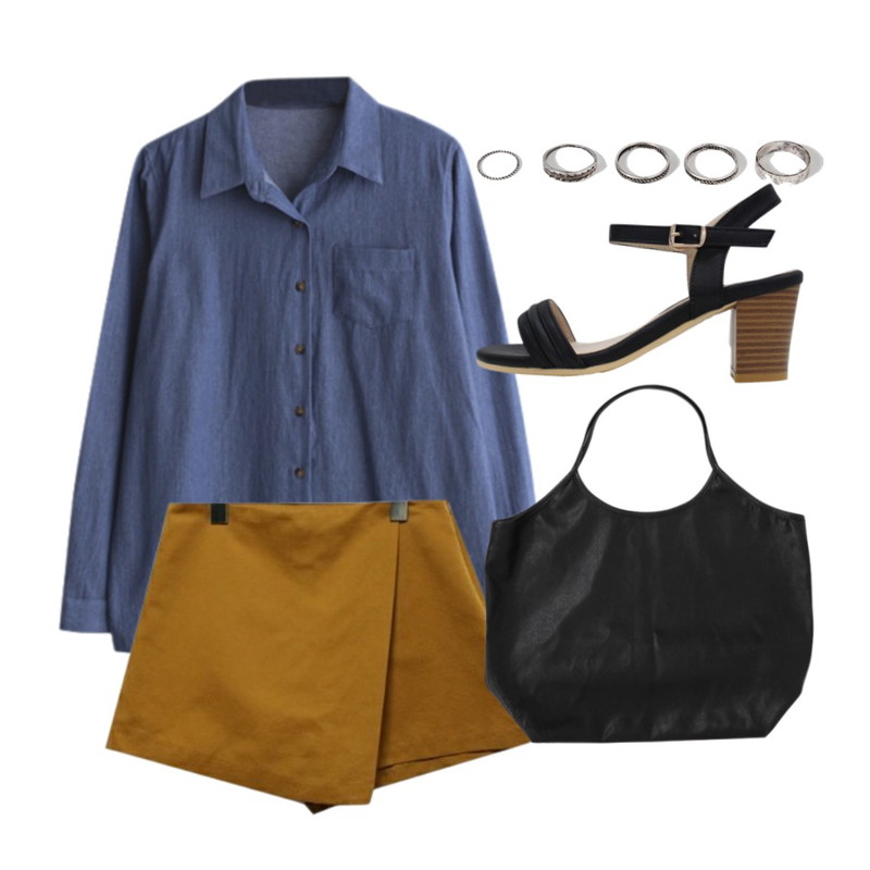 LINDA GIRLS 베이직 데님 NB (3color),LOVELY SHOES 바니 스트랩 샌들 (7cm),SOMEDAYS 실키 치마바지(4color)등을 매치한 코디