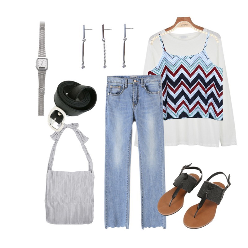 IM3 지그재그SET,Reine 클리어 데님 부츠컷 팬츠,daily monday Anoter wearable tee등을 매치한 코디