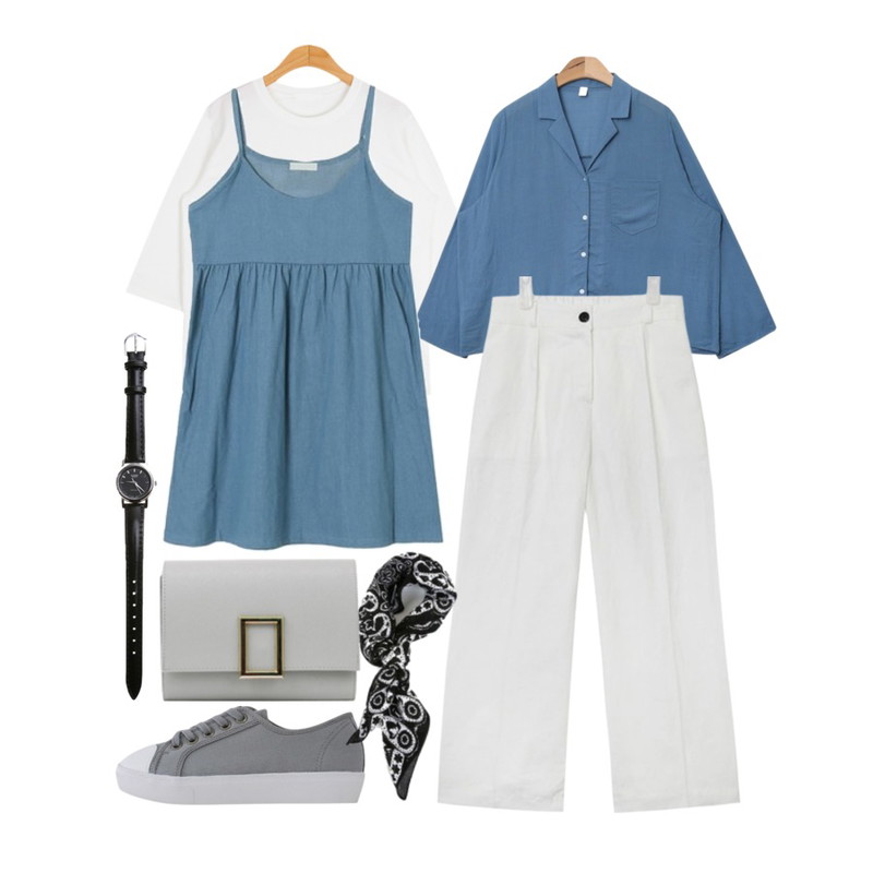 DORA 데님숏OPS,AIN natural long sleeve shirts (3 colors),BULLANG GIRL 쭈리트임T<5%할인> 9000원등을 매치한 코디
