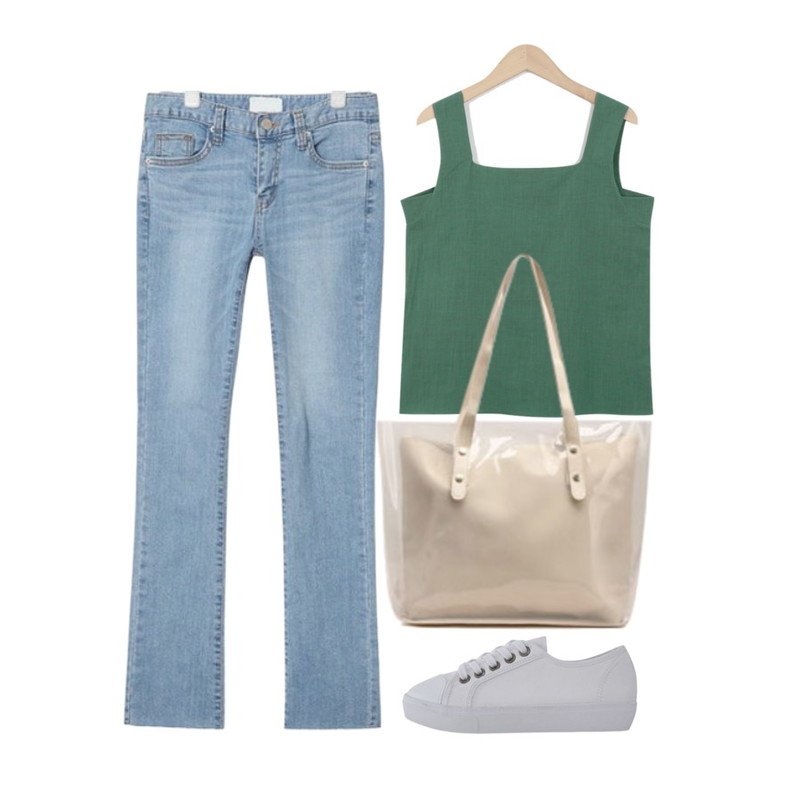 LOVELY SHOES 모레즈 스니커즈 (3cm),From Beginning Square sleeveless top_M (size : free),AIN lightblue slim boot-cut denim pants등을 매치한 코디