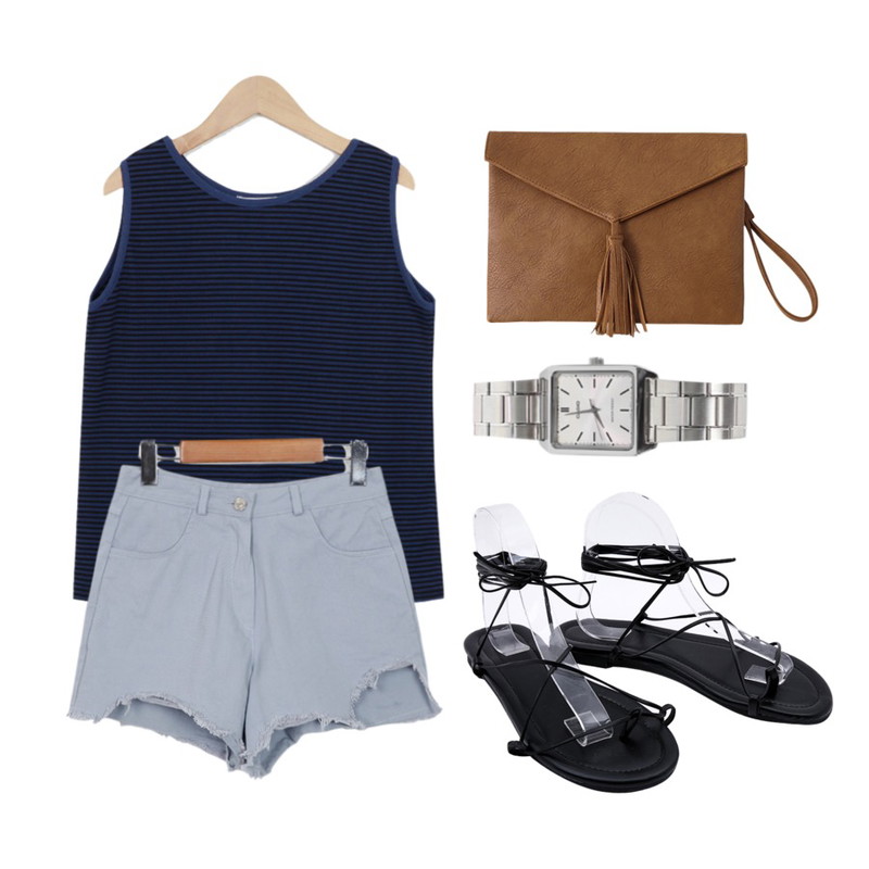 From Beginning V cutting cotton shorts_Y (size : S,M),biznshoe CASIO MTP-VOO7D-7EUDF [5361],From Beginning Major stripe sleeveless T_M (size : free)등을 매치한 코디