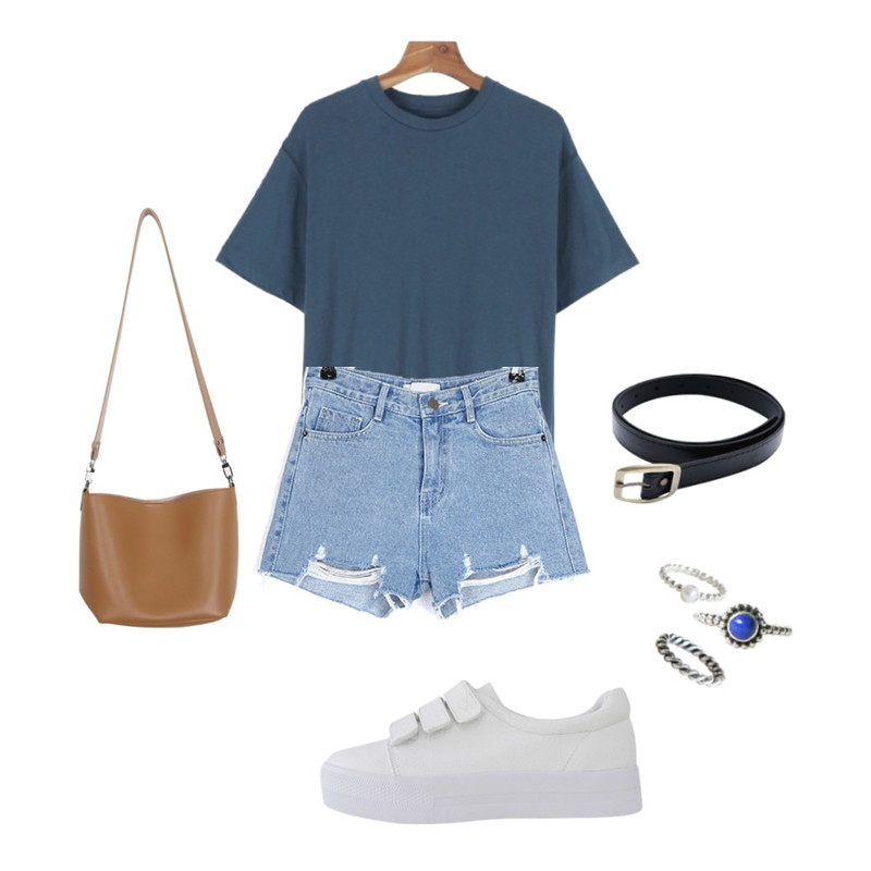 daily monday Pastel basic tee,IM3 쿨 데님쇼츠,From Beginning Divide color leather bag_B (size : one)등을 매치한 코디