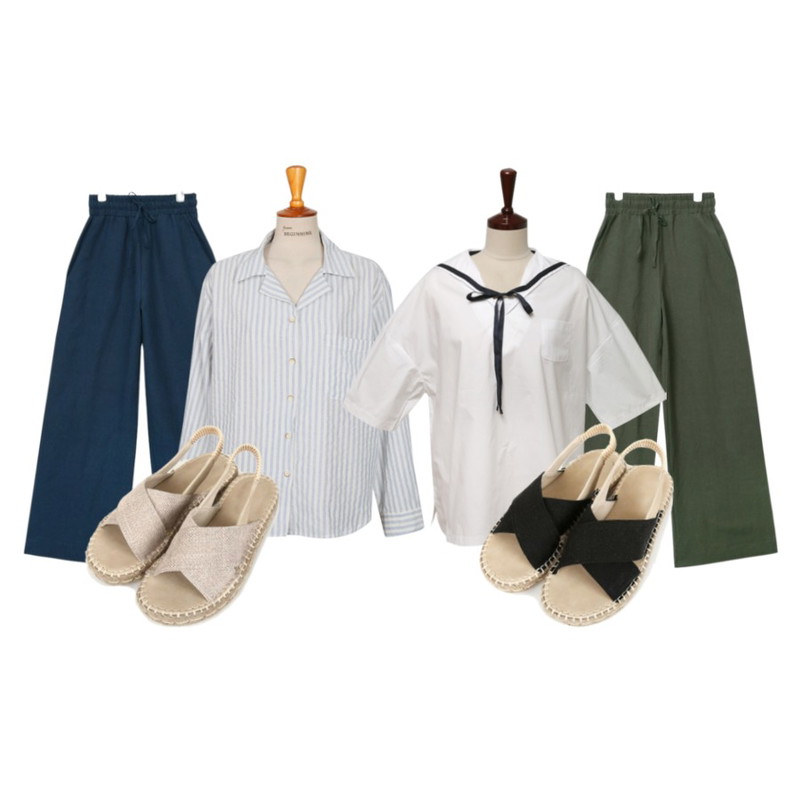 AIN cotton wide maxi pants (3 colors),AIN cotton wide maxi pants (3 colors),From Beginning Flat stripe pajama shirts_B (size : free)등을 매치한 코디