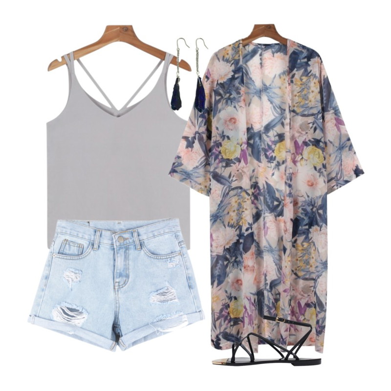 daily monday Flower cozy light robe cardigan,daily monday Back strap sleeveless,BANHALA 아인스 팬츠등을 매치한 코디