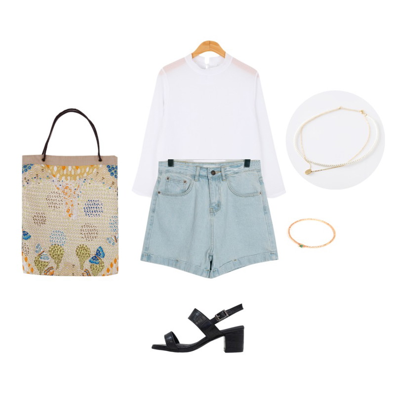 BULLANG GIRL 페일 반지,BULLANG GIRL 보헤미안BL13000원,From Beginning Roll-up half denim shorts_M (size : S,M)등을 매치한 코디