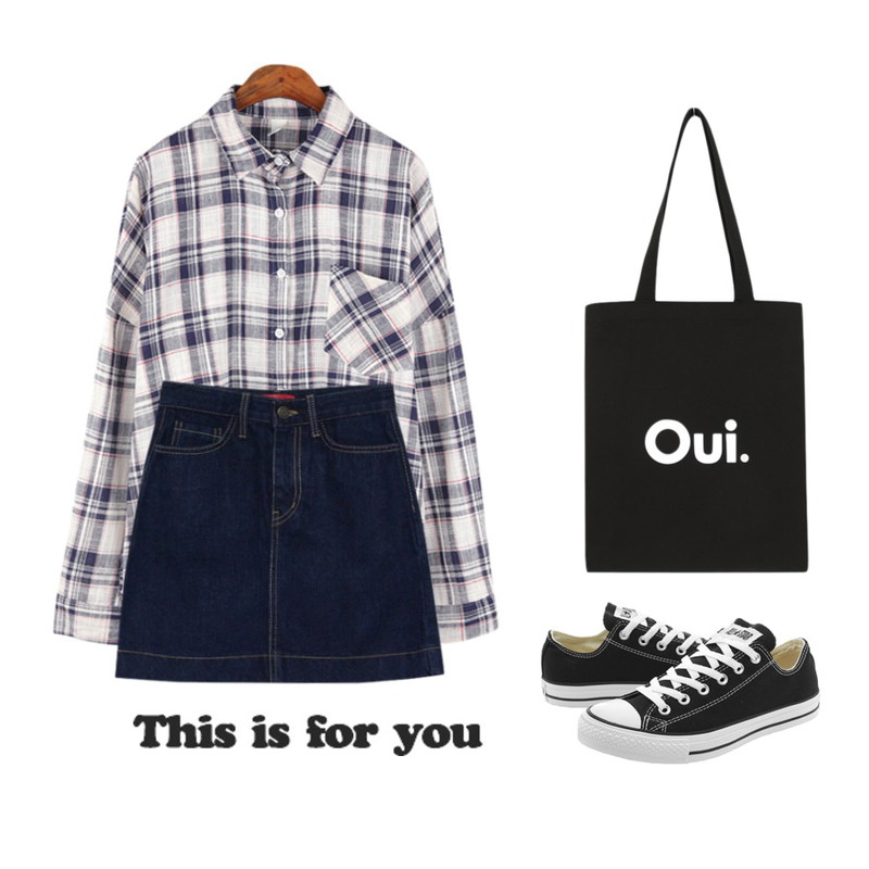 LINDA GIRLS 모코 데님 스커트 (1color),MINIBBONG oui-bag,BANHALA 셉템버 남방등을 매치한 코디
