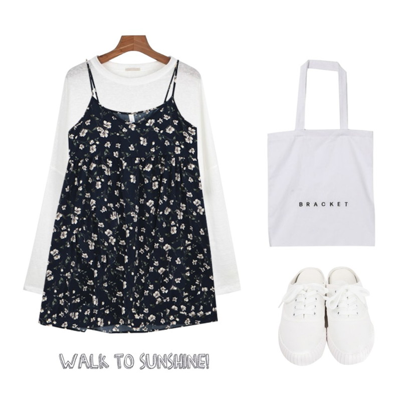DORA 브래킷에코백,LINDA GIRLS 샤렌 플라워 원피스 (2color),daily monday Long sleeve crop tee등을 매치한 코디
