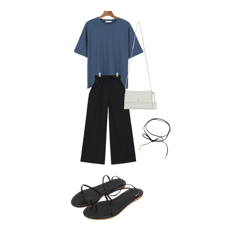 biznshoe Rope strap plat sandal,AIN cotton wide maxi pants (3 colors),daily monday Basic slit tee등을 매치한 코디