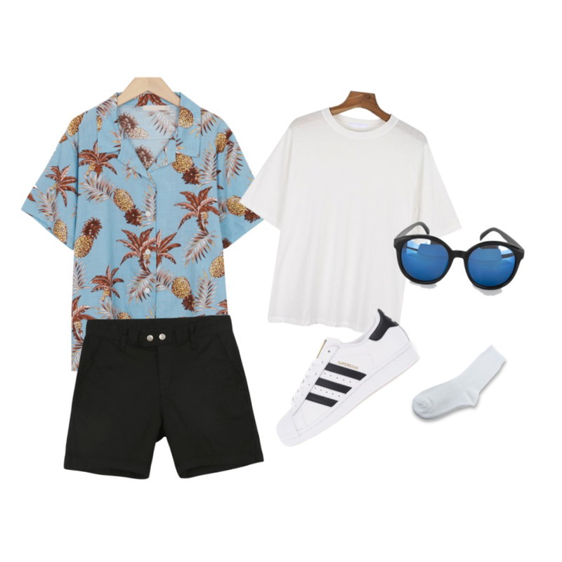 From Beginning Pineapple tropical shirts_B (size : free),MINIBBONG 발사믹-pt,daily monday Basic slit tee등을 매치한 코디