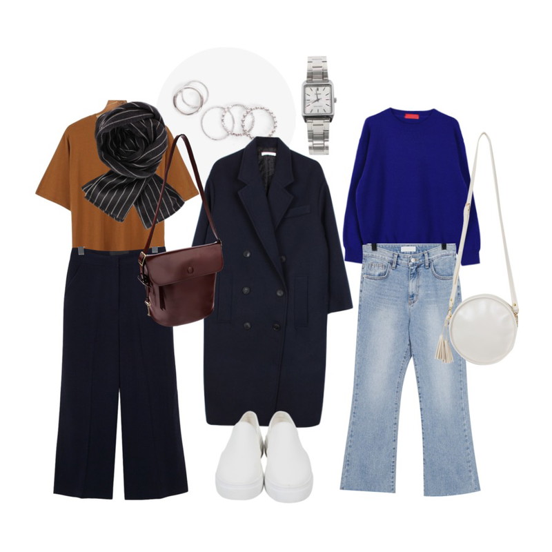 biznshoe Silver thin 5sets ring ,biznshoe Round simple knit (5color),From Beginning Slim boots-cut denim pants_K (size : S,M)등을 매치한 코디