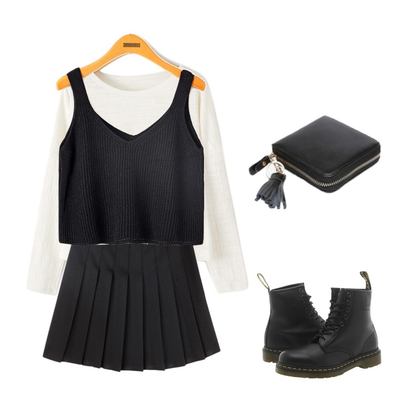 Reine 헤이지 니트 베스트,Reine 레이닝 슬라브 티셔츠,BANHALA 세상예쁜 스커트등을 매치한 코디