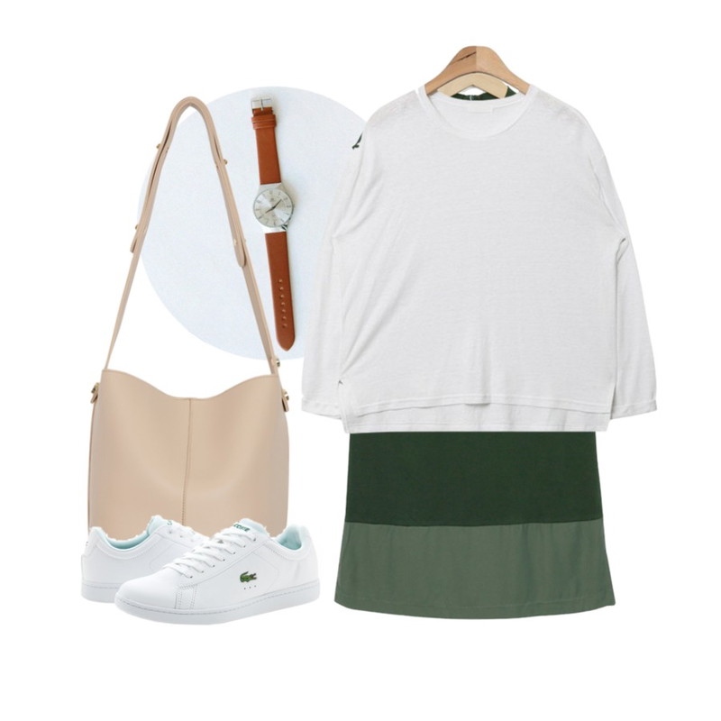 daily monday Simple big frame watch,From Beginning Snap close leather bag_H (size : one),From Beginning Made_ops-056_color block ops (size : free)등을 매치한 코디