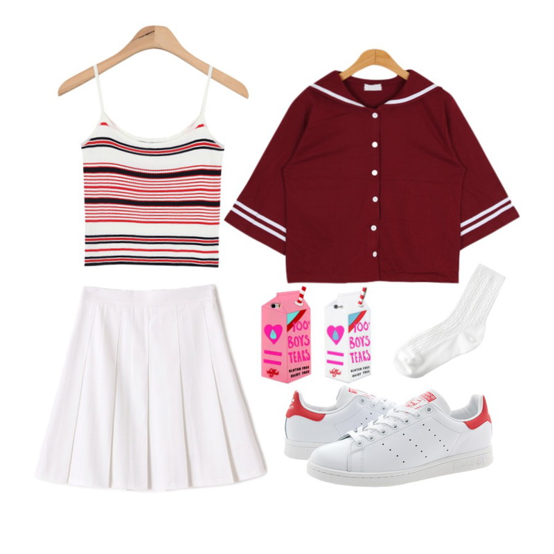 Reine 스코틀 미디엄 스커트,AIN Irregular stripe sleeveless (3 colors),Player 아디다스 스탠 스미스 흰빨 (STAN SMITH WHT/CLRD)등을 매치한 코디