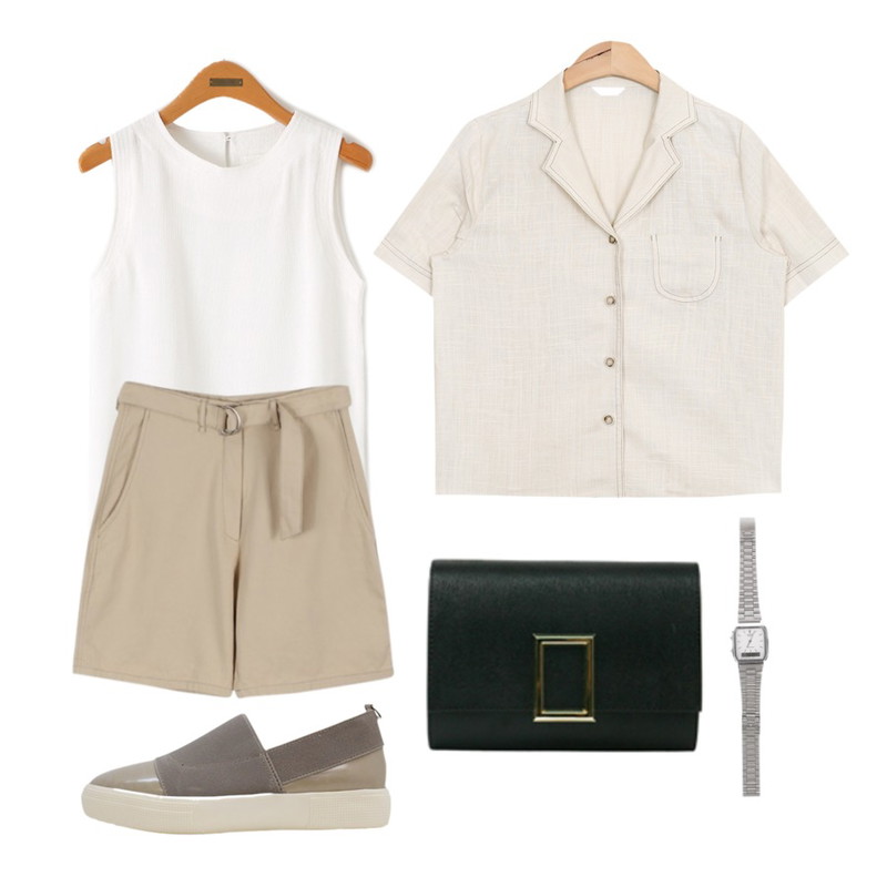 AIN stitch linen shirts jacket (3 colors),Reine 필링스 슬리브리스 티,daily monday Chino belt short pants등을 매치한 코디