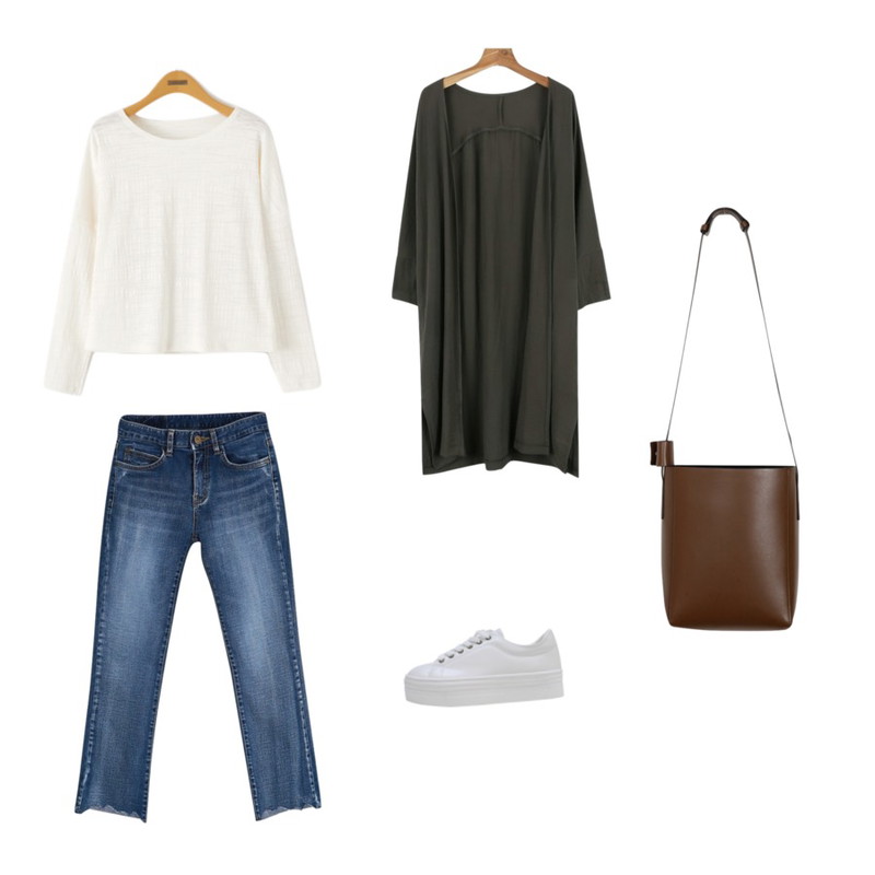 daily monday Natural long cardigan,myblin 뾰족 슬림 일자 데님 팬츠,LOVELY SHOES 헤나스 통굽 스니커즈 (4cm)등을 매치한 코디
