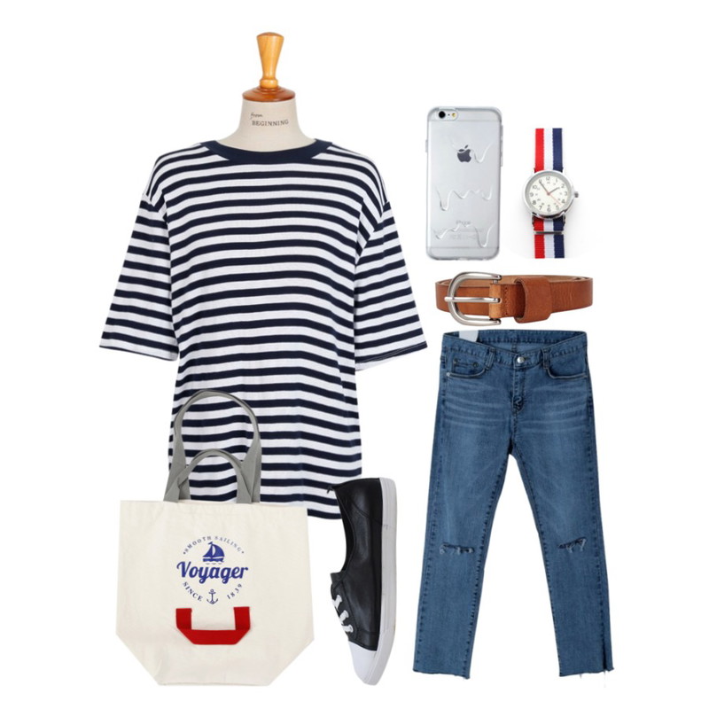 Zemma World 프랑스-타임 (watch),DORA 레이디워싱데님P,From Beginning Casual stripe cotton T_M (size : free)등을 매치한 코디