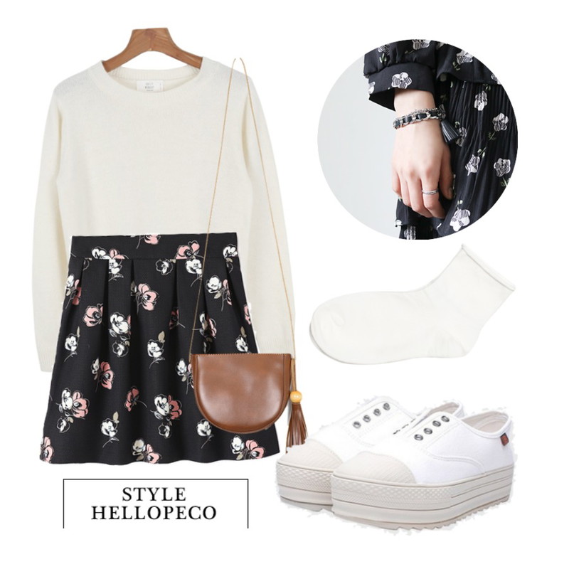 Reine 루니 플라워 스커트,daily monday Daily basic angora knit,AIN half moon mini cross bag (3 colors)등을 매치한 코디