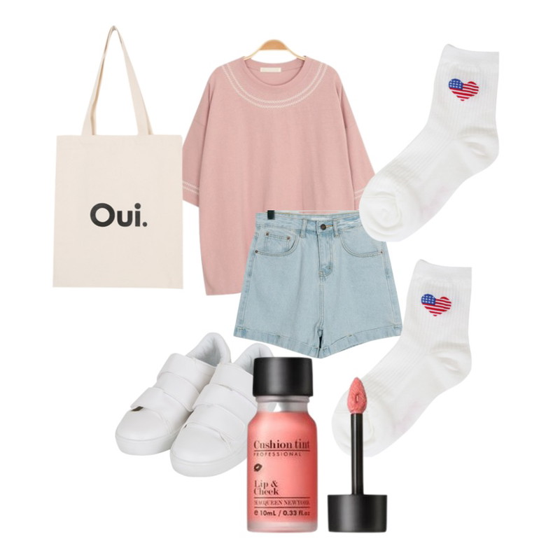 From Beginning Roll-up half denim shorts_M (size : S,M),myblin 자수 에스닉 티(6컬러),BULLANG GIRL 쏘니벨크로 운동화<5%할인> 32000원등을 매치한 코디