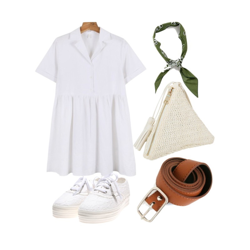 DORA 레이스통굽운동화,daily monday Linen v-neck shirts one-piece,Zemma World 실버-슬렌더 (belt)등을 매치한 코디