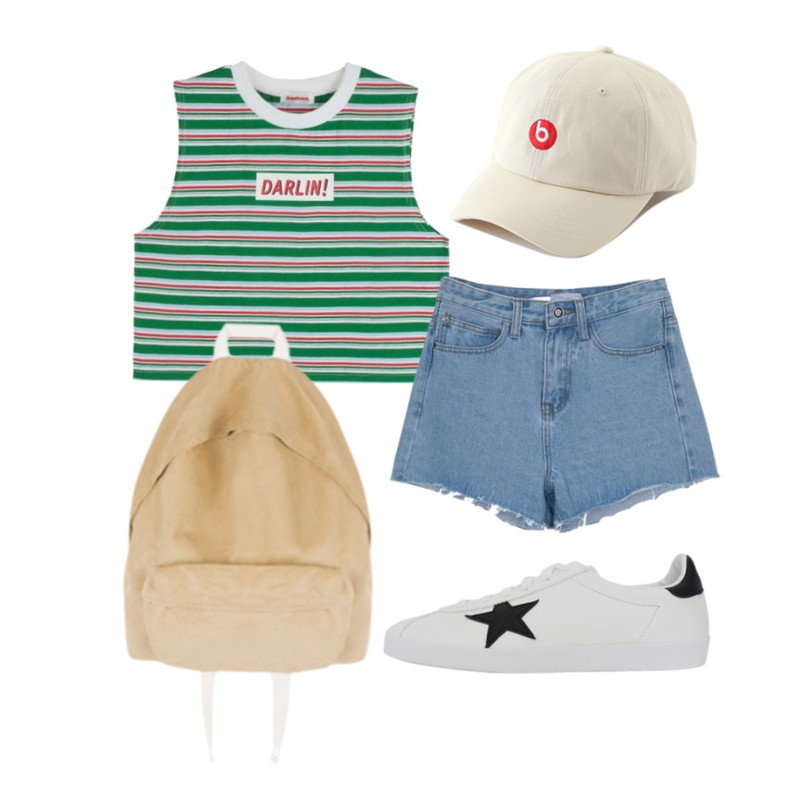 MIXXMIX ONLY MIX  Darlin stripe t-shirt라스트오더 한정판매,myblin 탄탄허리 커팅 숏팬츠(V),LOVELY SHOES 스타닝 스니커즈 (2cm)등을 매치한 코디