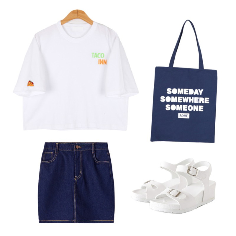 BULLANG GIRL 타코버스T14000원,Reine [4차 재입고] 프라우드 데님 스커트,Reine 이지 심플 벨크로 샌들등을 매치한 코디