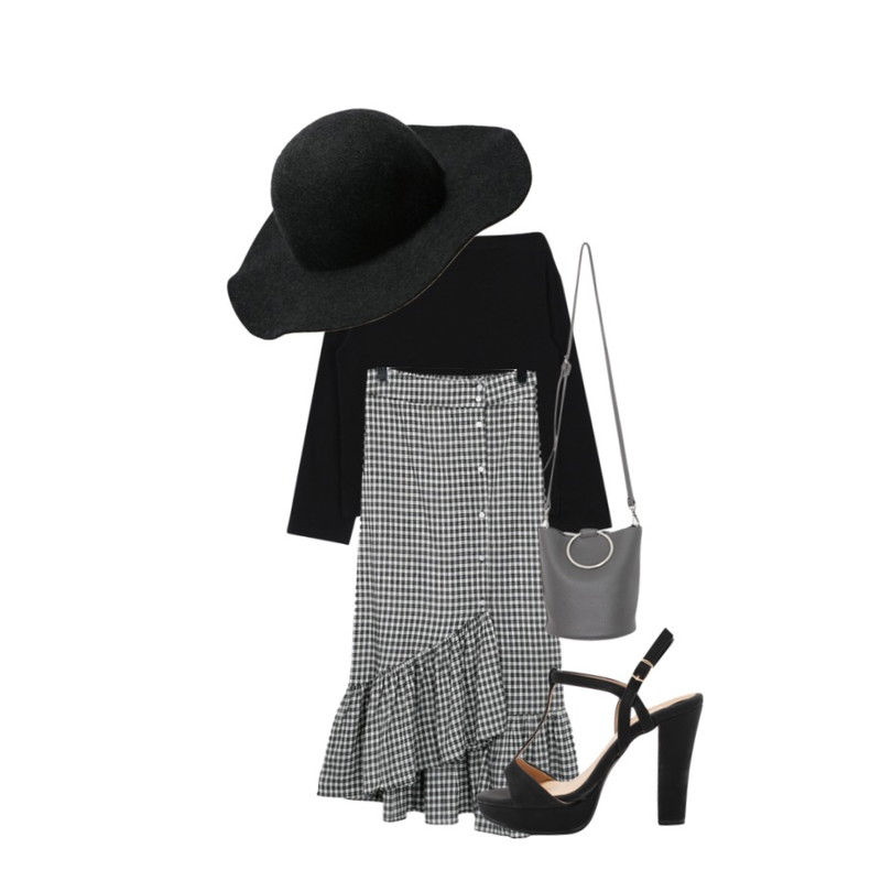 LOVELY SHOES 티랩 펌프스 (11cm),From Beginning Check unbal flare skirt_H (size : free),biznshoe Off-shoulder tee (5color)등을 매치한 코디