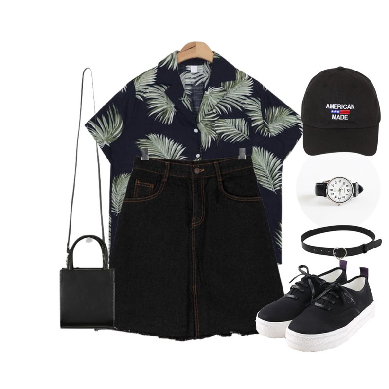 daily monday Casio white stitch watch,AIN tropical hawaiian shirt (2 colors),BULLANG GIRL 오픈5부데님SK등을 매치한 코디