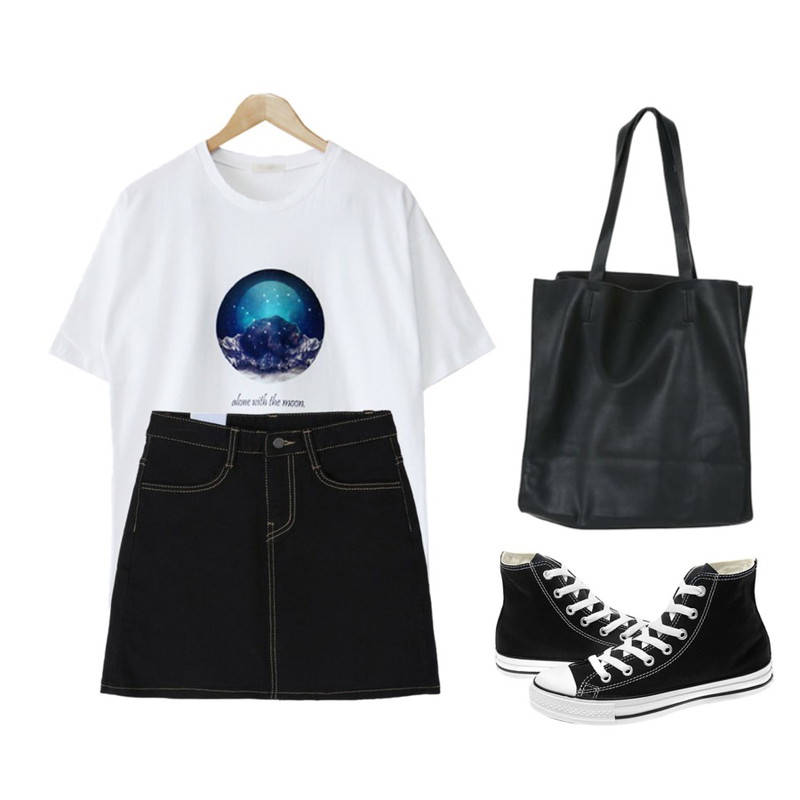 Player 컨버스 올스타 코어 하이 블랙 (CONVERSE ALL STAR HI BLK),LINDA GIRLS 풀문 프린팅 티셔츠 (2color),DORA 글램토톡SK등을 매치한 코디