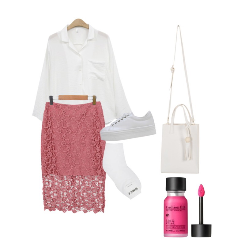 DORA 데이데이무지삭스,From Beginning Feminine lace midi skirt_Y (size : S,M),NEW NEED NOW 라 블라우스(3color)등을 매치한 코디