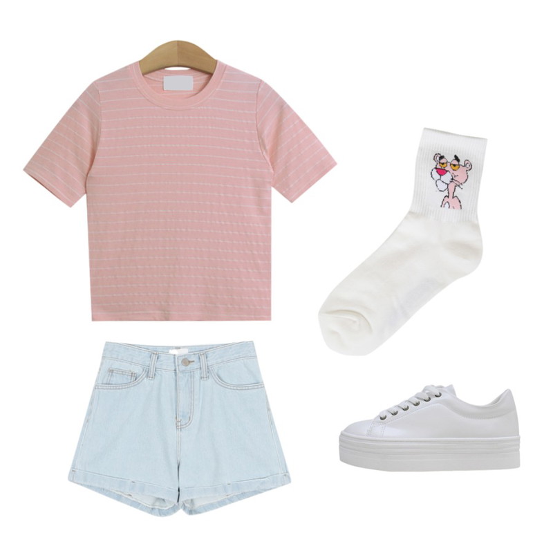 daily monday Round belt short denim5/26 입고예정,TODAY ME [tee]올츠 단가라티,LOVELY SHOES 헤나스 통굽 스니커즈 (4cm)등을 매치한 코디