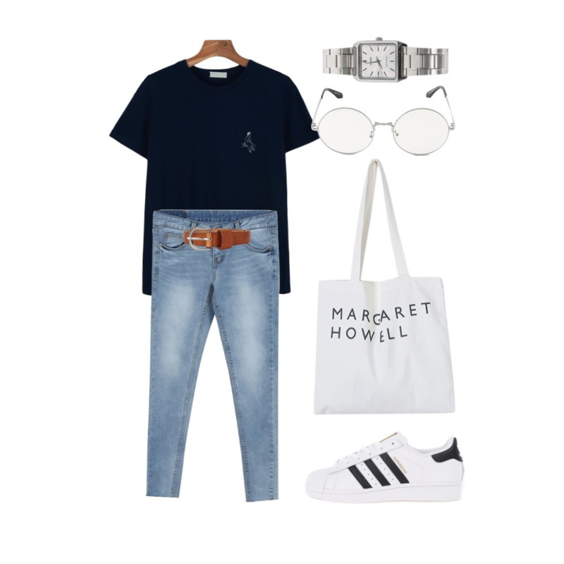 daily monday Embroid detail tee,daily monday Washing cut denim skinny,Player 아디다스 슈퍼스타 흰검 (SUPERSTAR W FTWWHT/CBLACK/FTWWHT)등을 매치한 코디