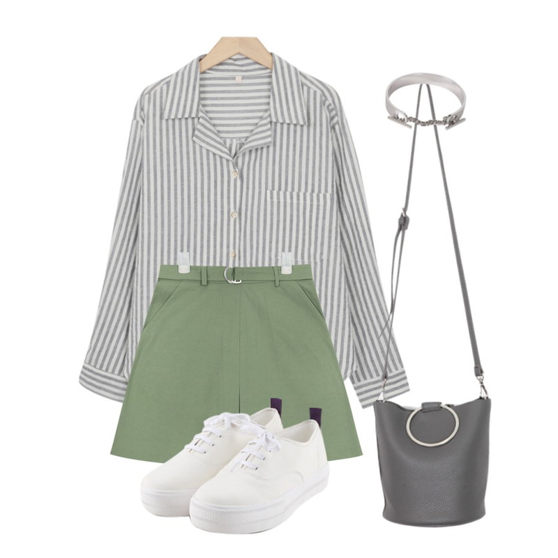 daily monday Comfortable basic sneakers,AIN inverted pleat belt skirt (2 colors),From Beginning Flat stripe pajama shirts_B (size : free)등을 매치한 코디