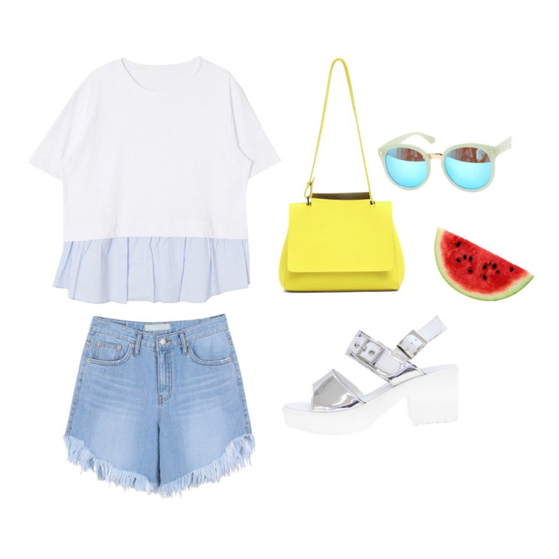 daily monday Bold cutting denim shorts,DORA 푸르미T,NEW NEED NOW 포인트 숄더 백(7color)등을 매치한 코디