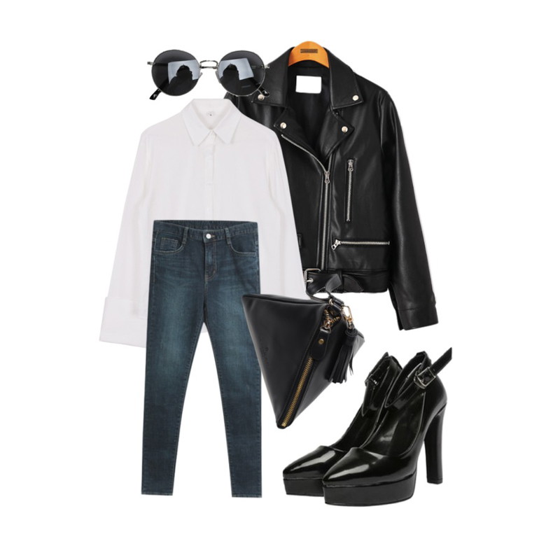 Reine 컬크러쉬 라이더 자켓,biznshoe Wide cuffs shirt (4color),TODAY ME 하인트 스키니진등을 매치한 코디