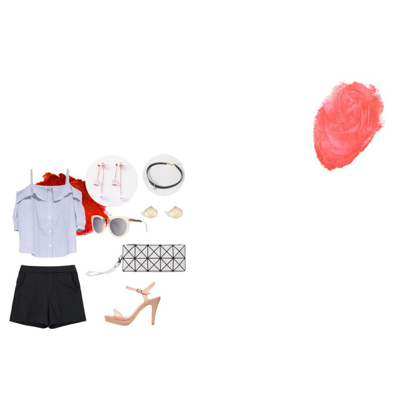 lip,coral lip,myblin 린넨 3부 밴딩 팬츠등을 매치한 코디