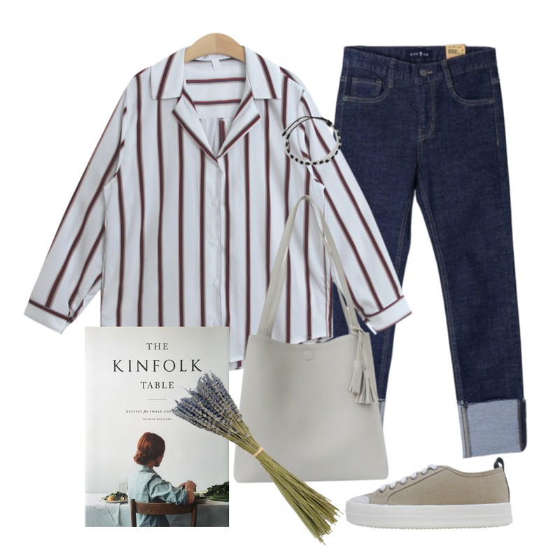 DORA 포크데님P,MIND ME 컬러 테슬포인트 숄더백 (3color),TODAY ME 스테아 셔츠등을 매치한 코디