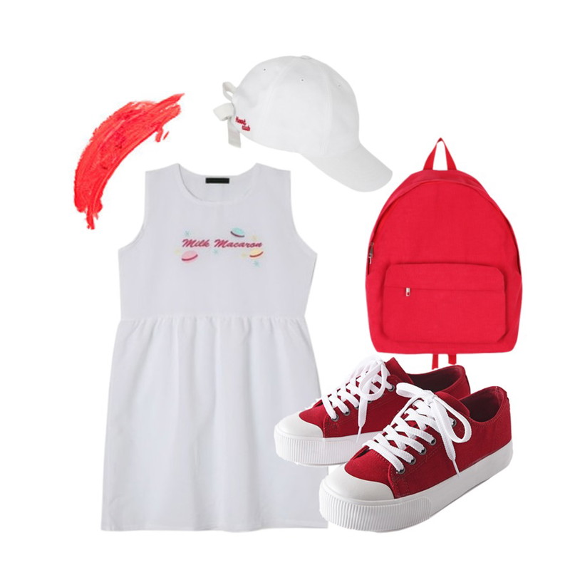 Reine 윌리엄 통굽 스니커즈,DORA 마카롱자수OPS,BULLANG GIRL 밀키퐁백팩등을 매치한 코디