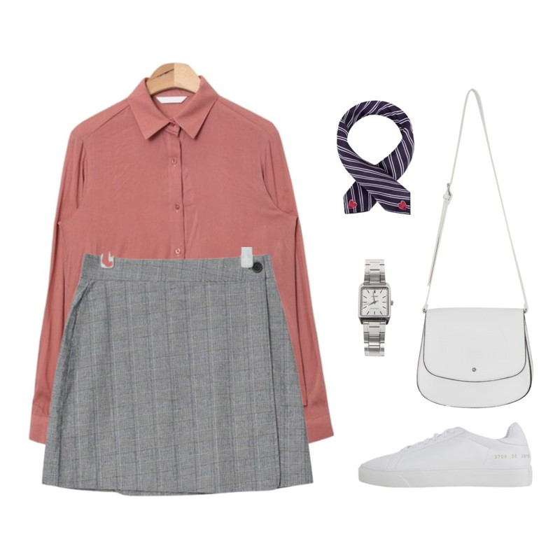 LOVELY SHOES 클래신 스니커즈 (3cm),AIN ladyish mood blouse (4 colors),AIN neat check wrap skirt (2 colors)등을 매치한 코디